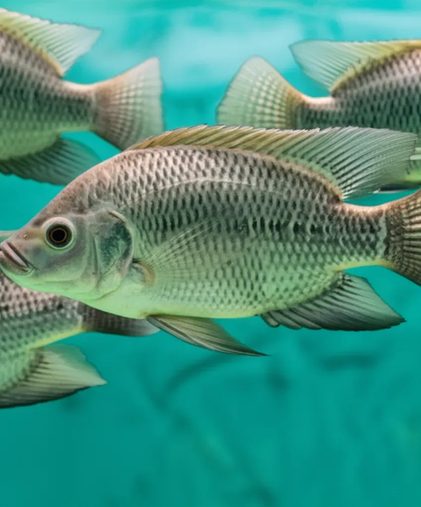 Healthy tilapia swimming in clear, oxygenated water within a Small Greenhouse Tilapia Aquaponics starter system tank setup.