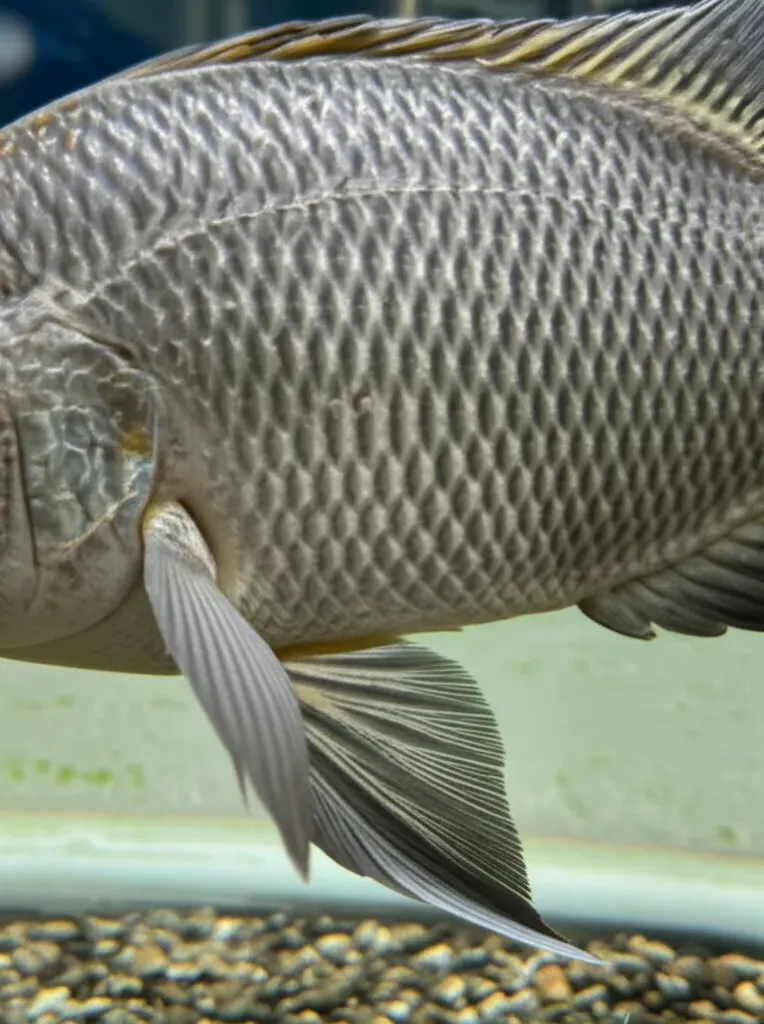 Tilapia fish swimming in clear water inside a small aquaponics system tank component designed for limited space gardening
