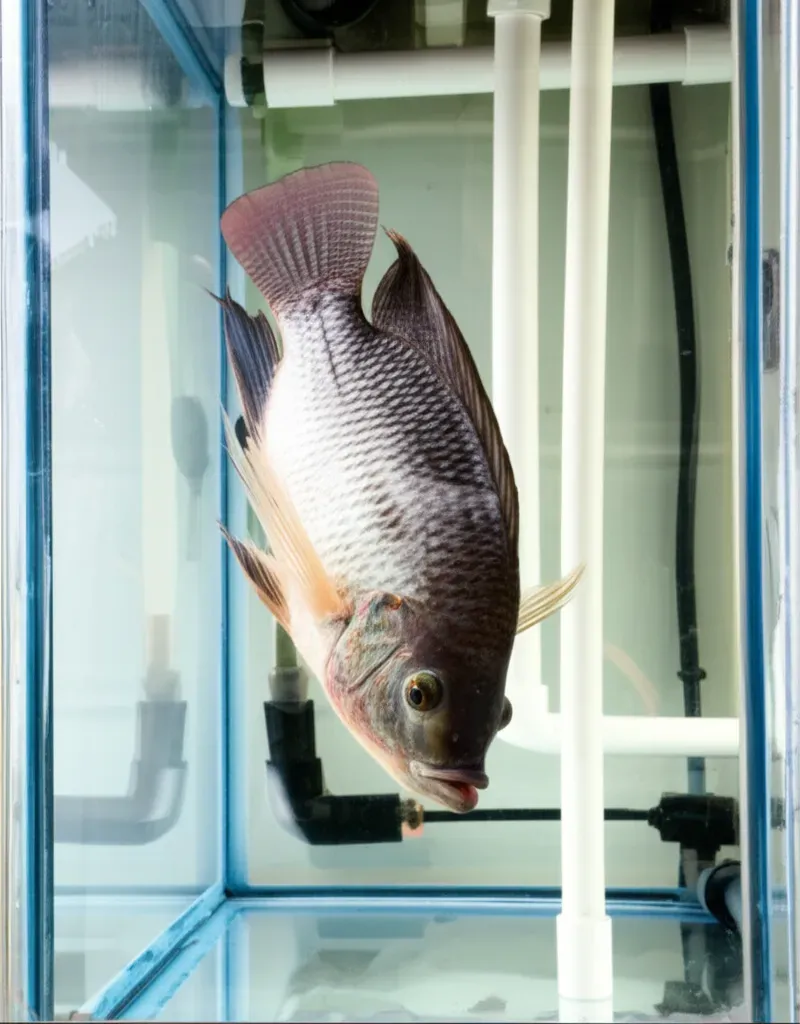 Healthy tilapia swimming in clear aquaponics tank with visible water circulation plumbing system for commercial fish farming 