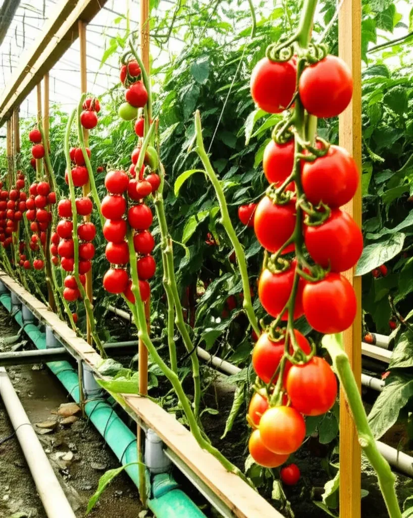 Ripe red tomatoes and colorful bell peppers thriving on trellised vines in an aquaponics growing system