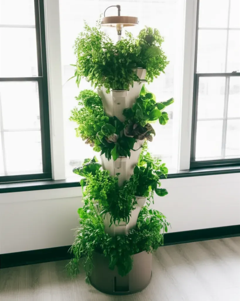 Vertical aquaponics tower system with stacked plant levels in compact cylindrical structure for space-efficient growing