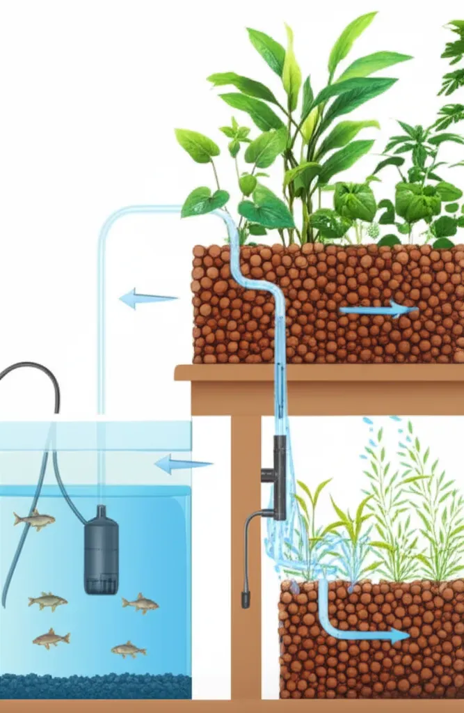 Small aquaponics system diagram showing water circulation from fish tank through grow bed and back in a continuous cycle