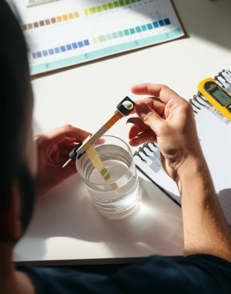 Person using test kit to measure pH and ammonia levels in aquaponics water system for proper circulation and filtration manag