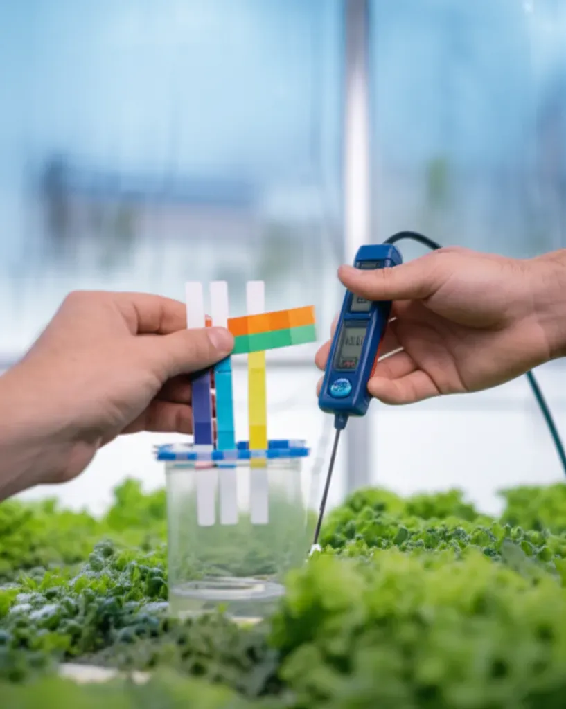 Hands testing water quality with digital meter in winter greenhouse aquaponics system, monitoring ammonia and nitrate levels