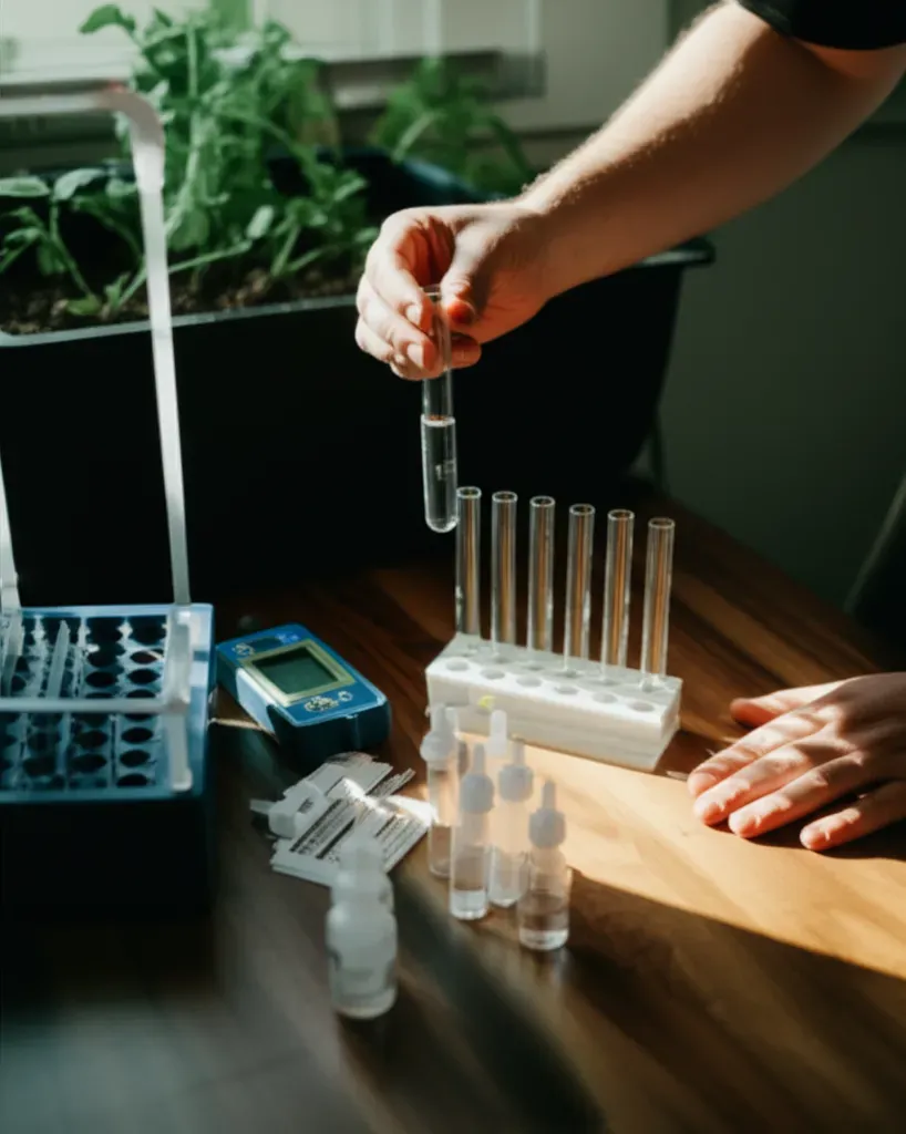 Person testing water quality with pH meter and test tubes for aquaponics system maintenance and monitoring