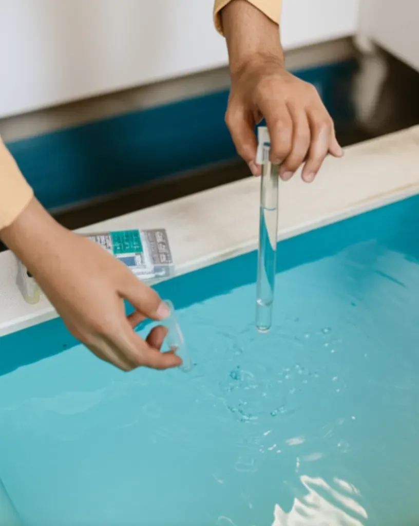 Hands testing water quality in tilapia aquaponics system using test kit and sample vial for pH and nutrient measurement