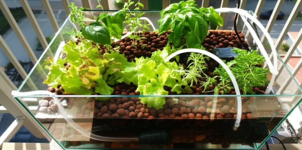 Compact aquaponics system on residential balcony with fish tank, grow bed of fresh herbs and greens, and water pump in natura
