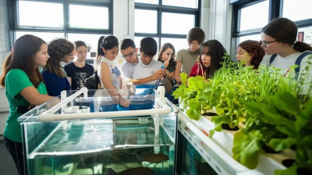 Students observe a functioning classroom aquaponics system with tilapia in the tank below and thriving lettuce and basil plan