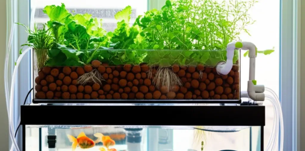 Complete DIY aquaponics system kit showing fish tank connected to elevated grow bed with thriving plants and visible water ci