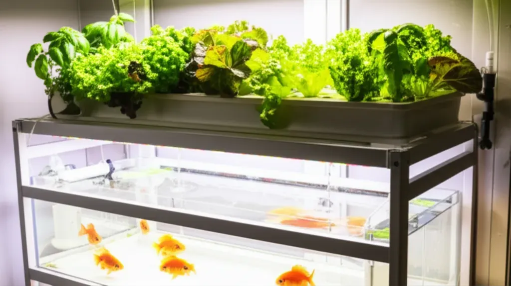 Home aquaponics garden system with fish tank, flowing water, and thriving leafy greens in grow beds under indoor lighting