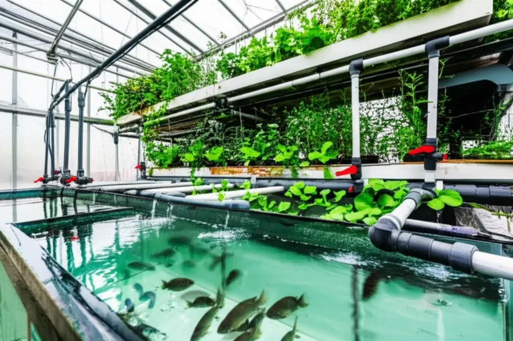 Complete aquaponics water system showing fish tank, grow beds, and water circulation flow between components for integrated f