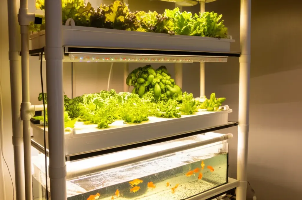 Indoor aquaponics system with fish tank connected to grow beds of leafy greens, demonstrating water circulation and ecosystem