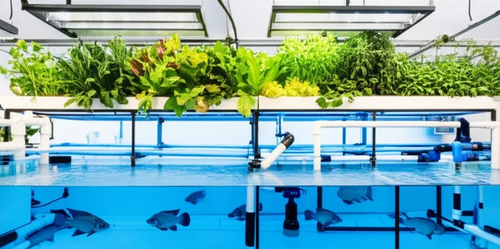 Complete aquaponics system setup displaying fish tank, elevated grow beds with plants, water pump, tubing, and water circulat
