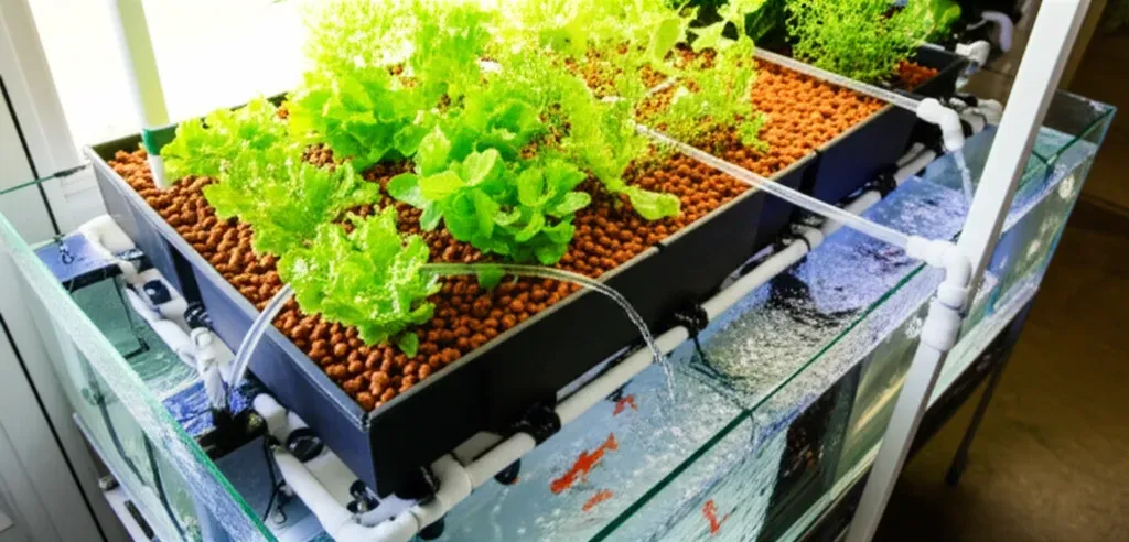 Home aquaponics system with fish tank, grow bed with leafy greens, and flowing water tubing demonstrating complete system cyc