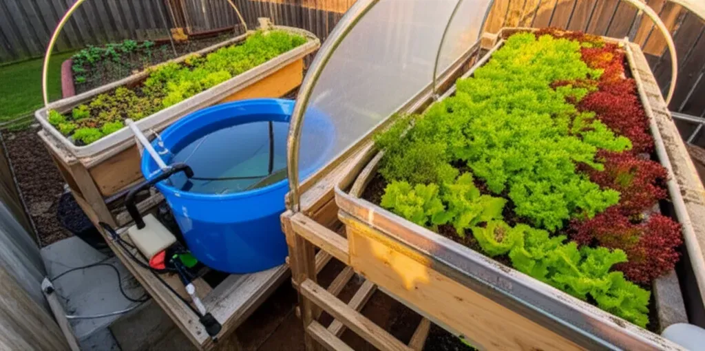 Backyard aquaponics system showing fish tank, grow beds with leafy greens, and water circulation setup for home food producti