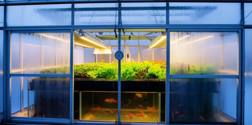 Frost-covered greenhouse with aquaponics system showing fish tanks below, leafy greens in grow beds above, and warm heating l