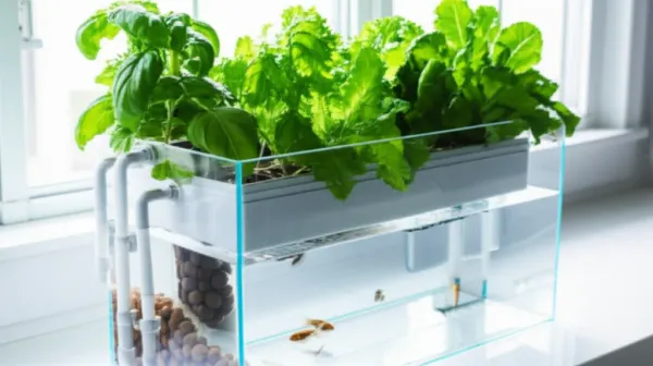 Compact countertop aquaponics system with fish tank below, fresh herbs growing above, and visible water circulation tubing in