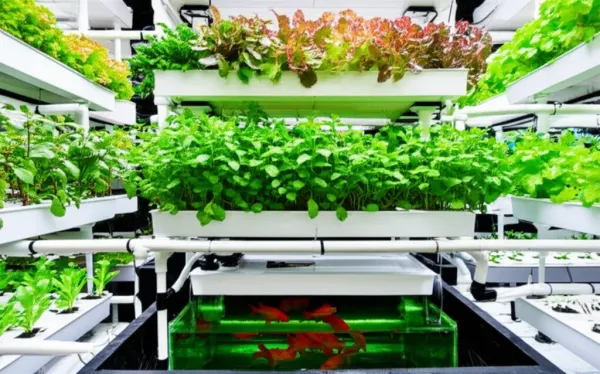 Thriving aquaponics system with lush lettuce and herbs in grow beds above fish tank, demonstrating closed-loop vegetable grow