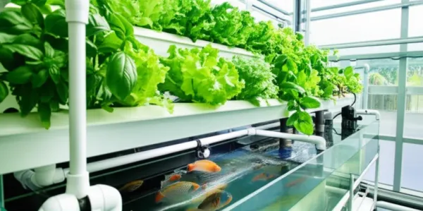 Modern aquaponics system with fish tank below and leafy greens in raised beds above, displaying integrated water circulation 