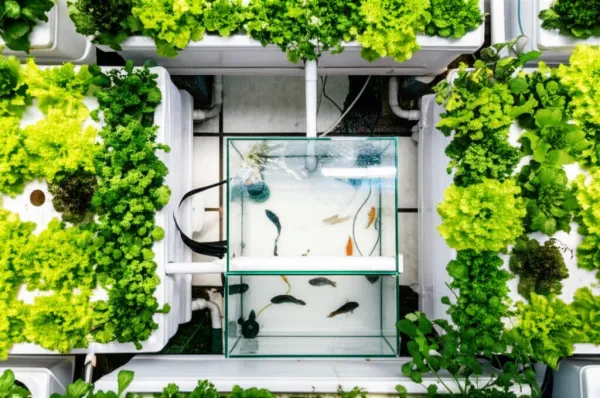Tilapia swimming in aquaponics tank below thriving leafy greens, demonstrating symbiotic fish-plant relationship in complete 
