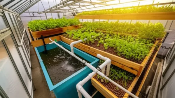 Small Greenhouse Tilapia Aquaponics starter system with fish tank, elevated grow beds, PVC piping, and thriving plants under 