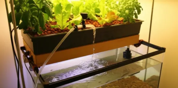 Complete DIY aquaponics system with fish tank, grow bed of leafy greens, water pump, and plumbing in home basement setup