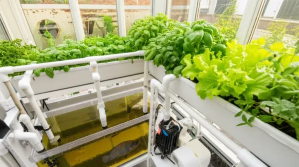 Complete home aquaponics system with fish tank base, elevated grow beds of leafy greens, visible plumbing and pump demonstrat