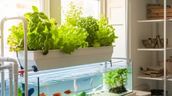 Complete home aquaponics system with fish tank below, thriving leafy greens in grow beds above, demonstrating water circulati