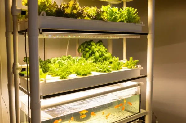 Indoor aquaponics system with fish tank connected to grow beds of leafy greens, demonstrating water circulation and ecosystem