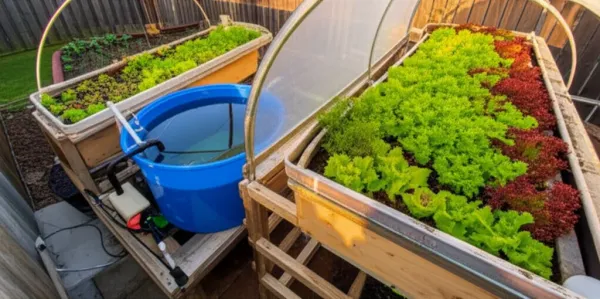 Backyard aquaponics system showing fish tank, grow beds with leafy greens, and water circulation setup for home food producti