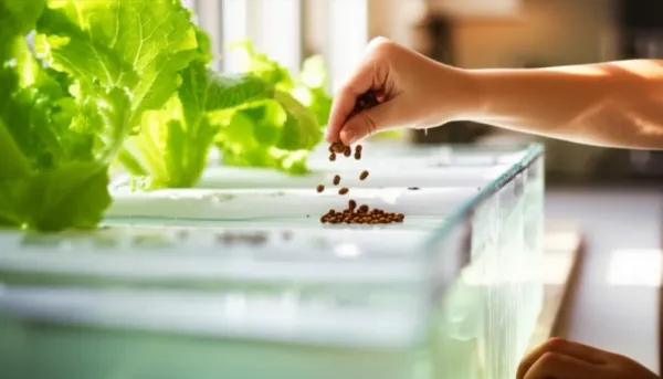 Child's hands feeding fish in a desktop aquaponics system with thriving lettuce and herbs growing above the clear water tank