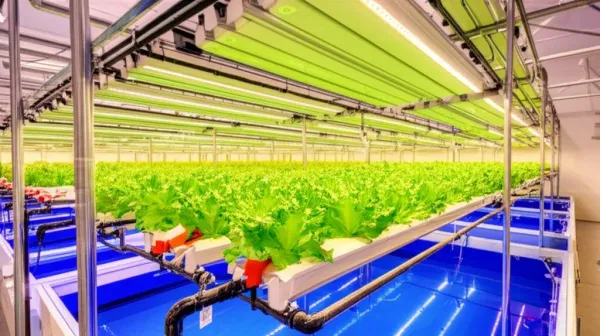 Modern commercial aquaponics facility with hydroponic leafy greens above fish tanks, water circulation pipes, and LED grow li