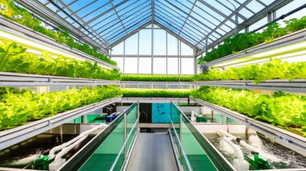 Modern greenhouse aquaponics system with thriving green plants in growing beds above integrated fish tanks, demonstrating yea